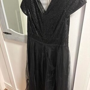 Black sequin dress with sheer sleeves and back, featuring a V-neck and A-line